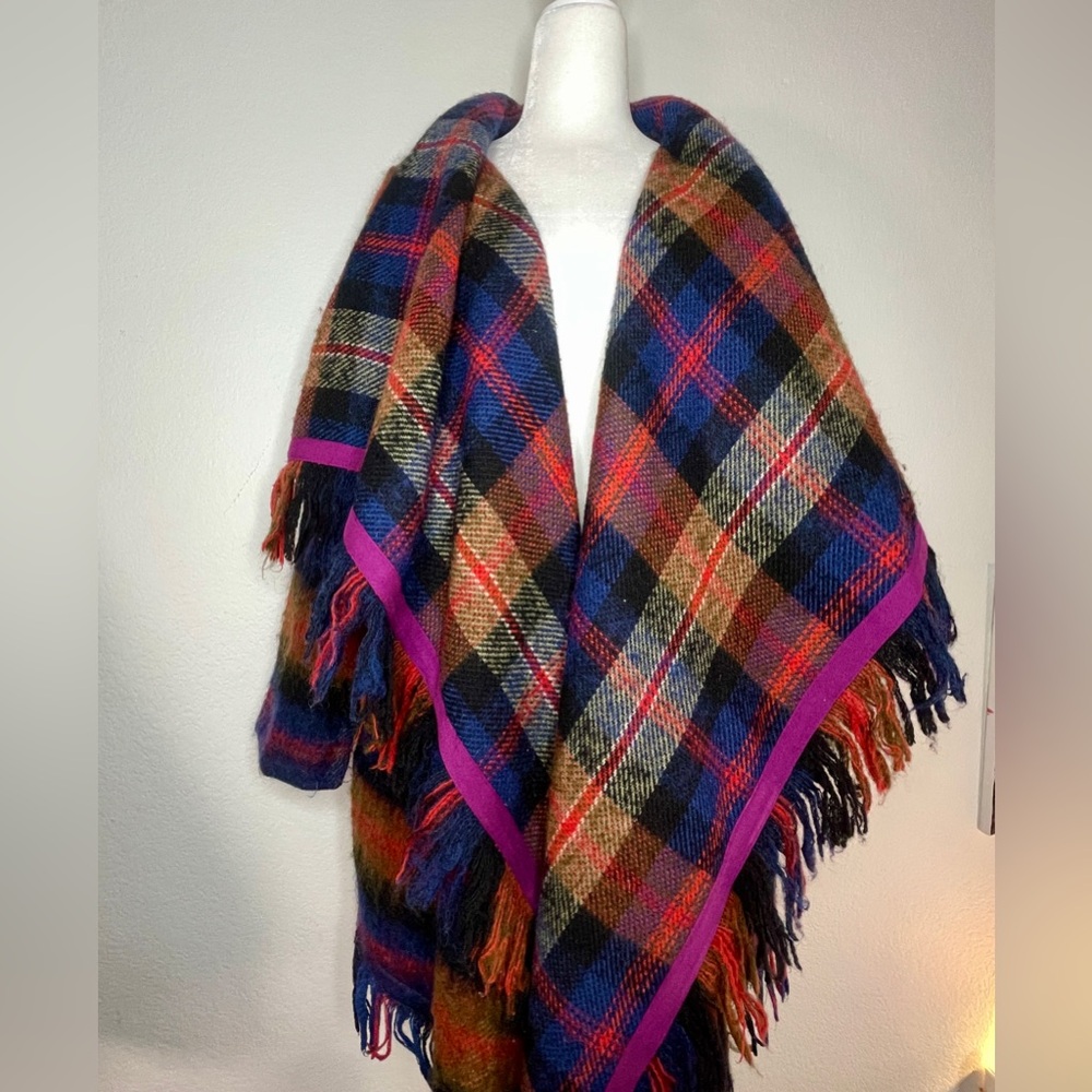 Anthropologie Hei Hei Plaid Tarton Blanket Coat Wool Blend with Fringe